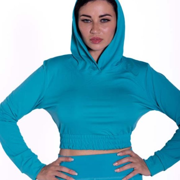 Long Sleeve Hoodie Turquoise Crop Top And High Waisted Legging Set - Picture 3 of 7